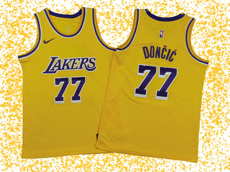 Lakers #77 Doncic Yellow T-Shirt